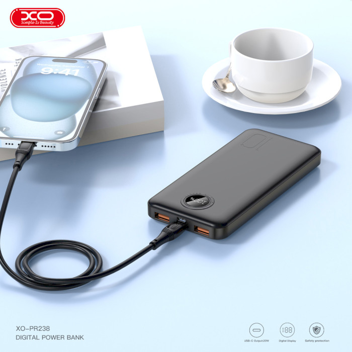 Повербанк XO PR238 2xUSB-A, 1xUSB-C, QC22.5W, PD20W 10000mAh Black