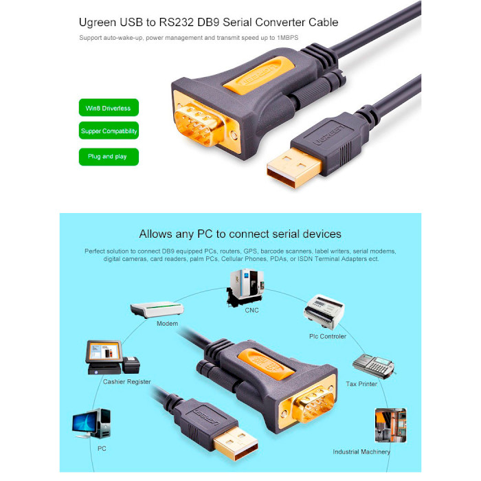 Кабель UGREEN CR104 USB to DB9 RS-232 Male Adapter Cable 3м Black (20223)