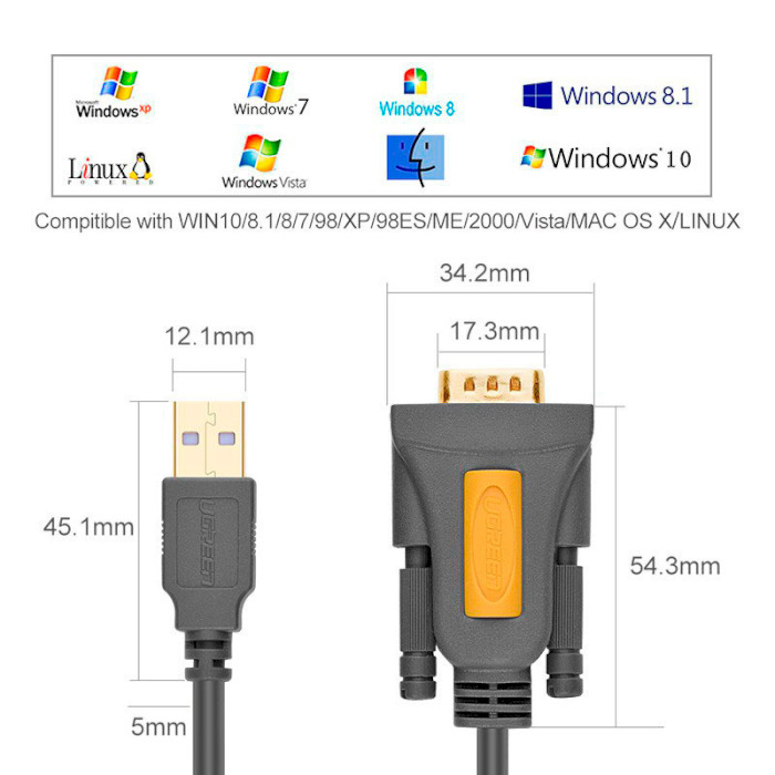 Кабель UGREEN CR104 USB to DB9 RS-232 Male Adapter Cable 3м Black (20223)