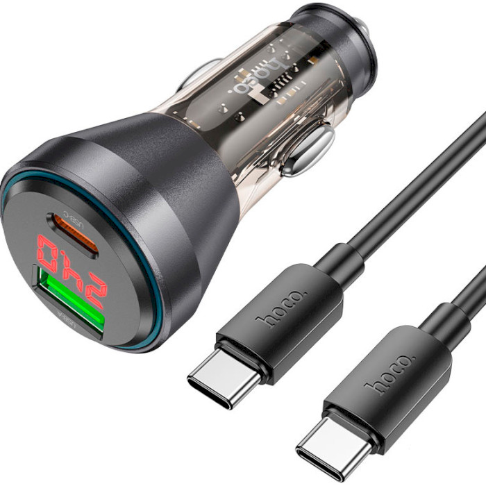 Автомобільний зарядний пристрій HOCO NZ12B Unimpeded 1xUSB-C, 1xUSB-A, PD30W, QC3.0 Black w/Type-C to Type-C cable (6942007615433)