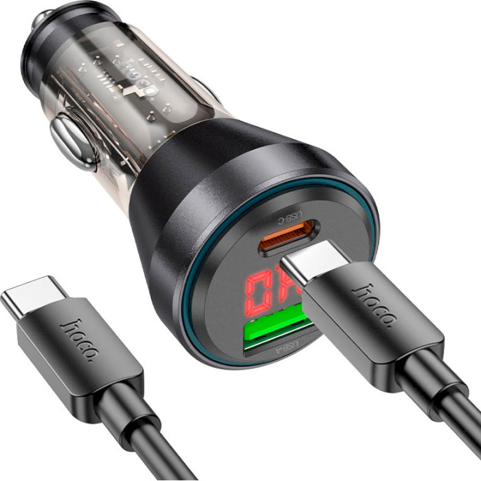 Автомобільний зарядний пристрій HOCO NZ12B Unimpeded 1xUSB-C, 1xUSB-A, PD30W, QC3.0 Black w/Type-C to Type-C cable (6942007615433)