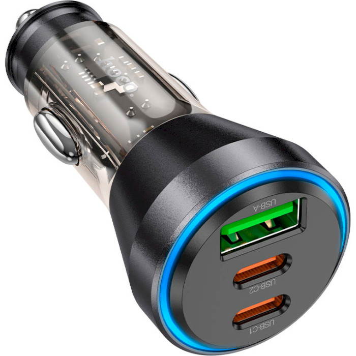 Автомобильное зарядное устройство HOCO NZ12D Lucky 2xUSB-C, 1xUSB-A, PD60W, QC3.0 Black w/Type-C to Lightning cable (6942007615532)