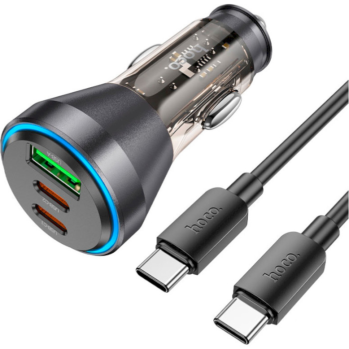 Автомобильное зарядное устройство HOCO NZ12D Lucky 2xUSB-C, 1xUSB-A, PD60W, QC3.0 Black w/Type-C to Type-C cable (6942007615556)