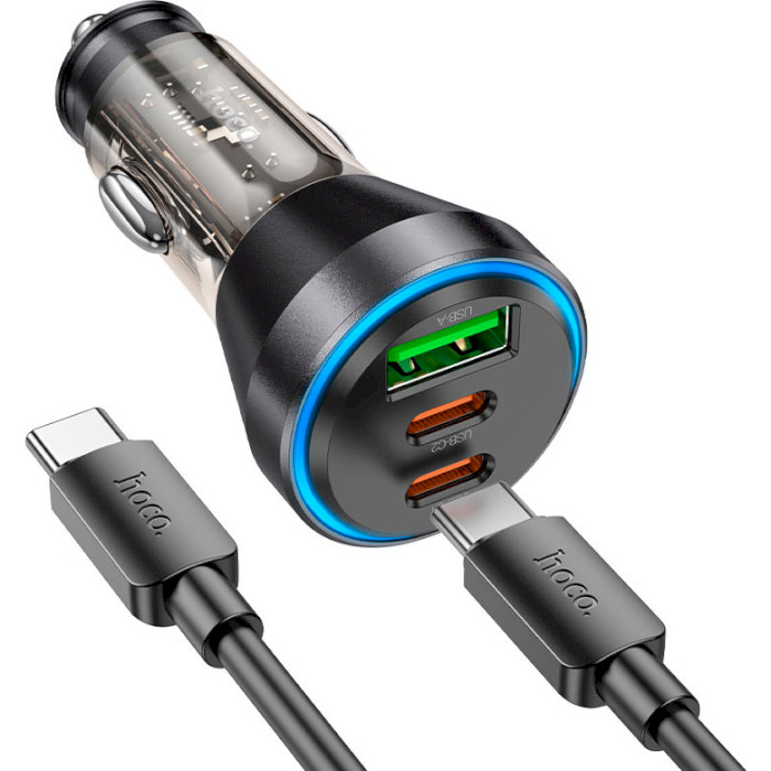 Автомобильное зарядное устройство HOCO NZ12D Lucky 2xUSB-C, 1xUSB-A, PD60W, QC3.0 Black w/Type-C to Type-C cable (6942007615556)