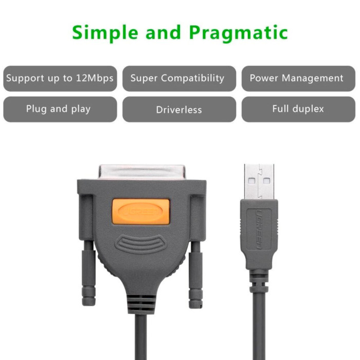 Кабель UGREEN US167 USB to DB25 Parallel Printer Cable 2м Black (20224)