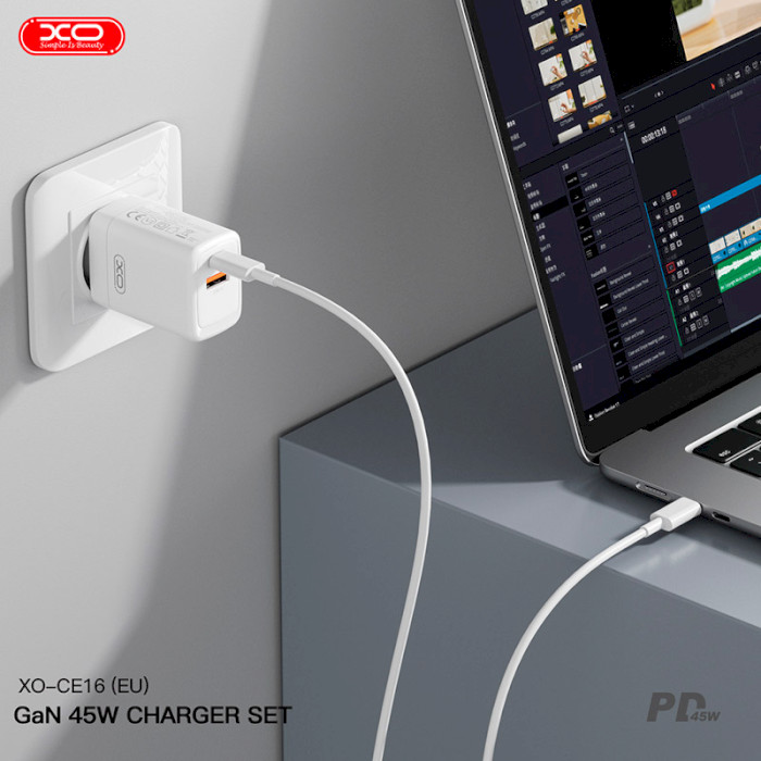 Зарядное устройство XO CE16 1xUSB-A, 1xUSB-C, QC3.0, PD45W White (CE16_WHITE)