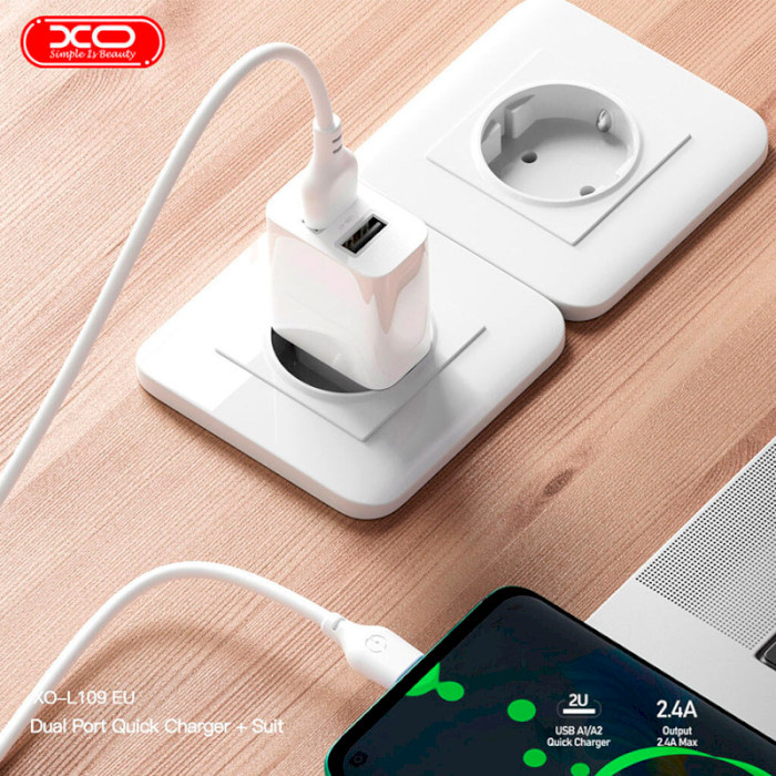 Зарядний пристрій XO L109 2xUSB-A, 2.4A, 12W White (L109_WHITE)