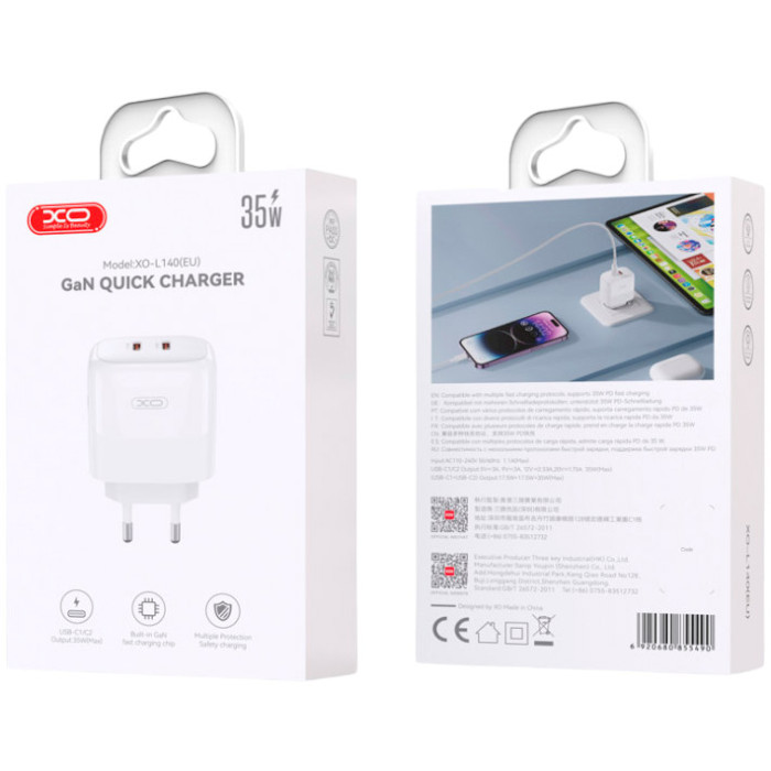 Зарядний пристрій XO L140 2xUSB-C, PD35W White (L140_WHITE)