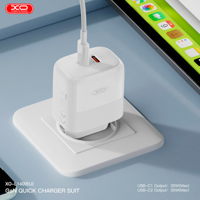 Зарядное устройство XO L140 2xUSB-C, PD35W White (L140_WHITE)