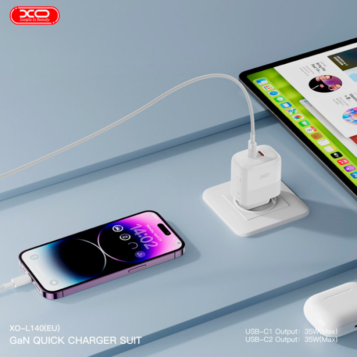 Зарядний пристрій XO L140 2xUSB-C, PD35W White (L140_WHITE)