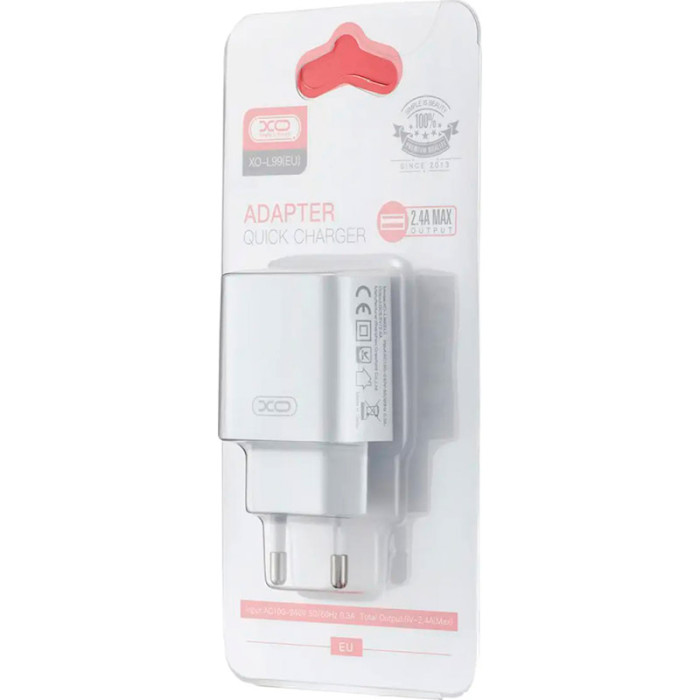 Зарядний пристрій XO L99 1xUSB-A, 2.4A White (L99_WHITE)