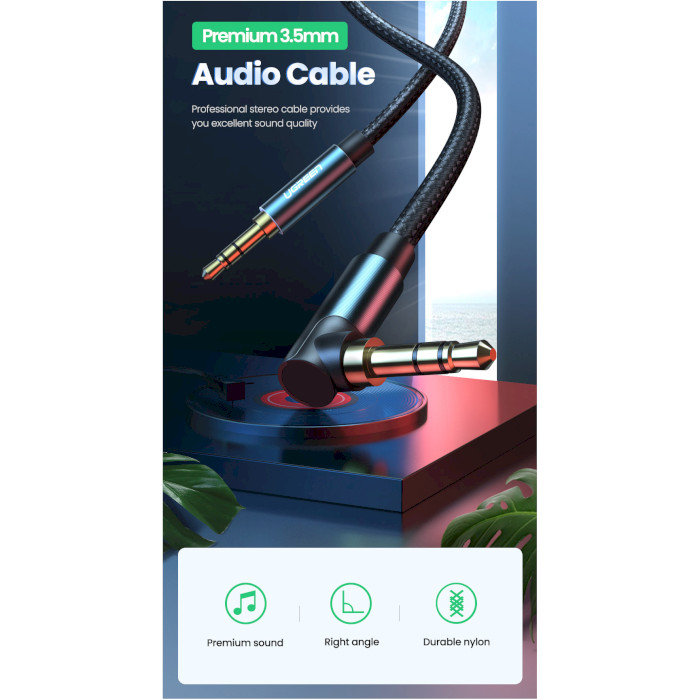 Кабель UGREEN AV112 3.5mm Male to Male Angled Audio Cable mini-jack 3.5mm 1.5м Blue (60180)