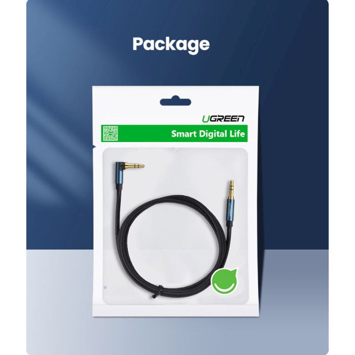 Кабель UGREEN AV112 3.5mm Male to Male Angled Audio Cable mini-jack 3.5mm 1.5м Blue (60180)