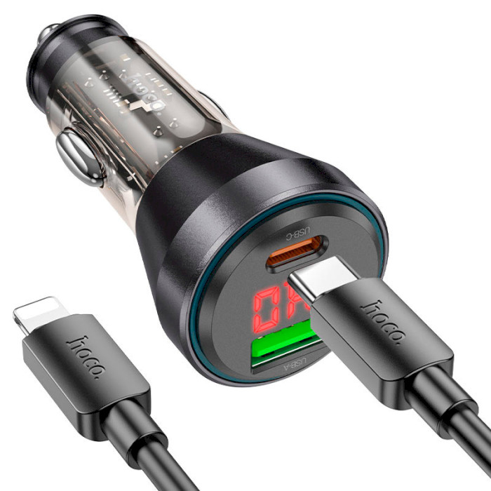 Автомобильное зарядное устройство HOCO NZ12B Unimpeded 1xUSB-A, 1xUSB-C, PD48W, QC3.0 Black w/Type-C to Lightning cable (6942007615396)