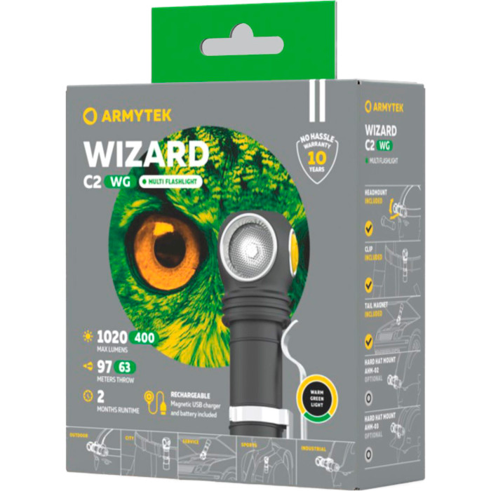 Фонарь мультифункциональный ARMYTEK Wizard C2 WG Magnet USB Green & Warm Light (F09201W)