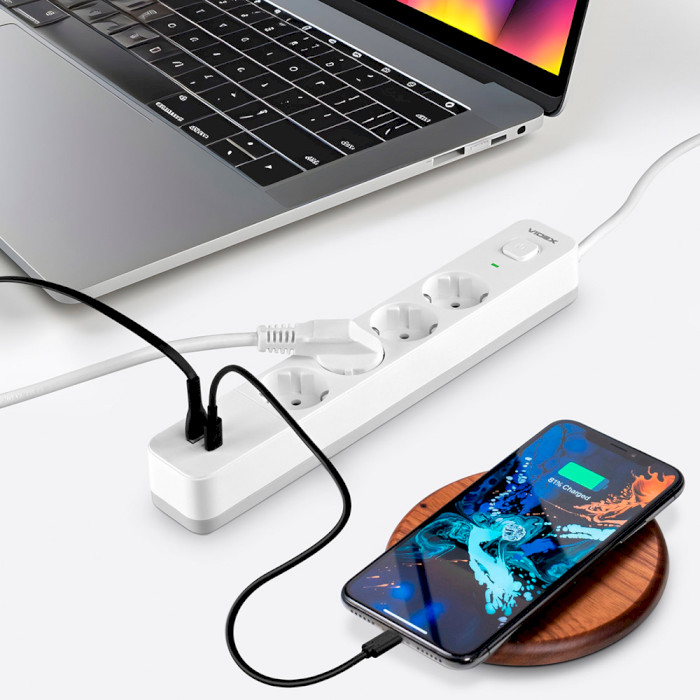 Мережевий фільтр VIDEX Oncord White, 4 розетки, 1xUSB-C, 1xUSB, 3м (VF-PD43G1QC1PD-W)