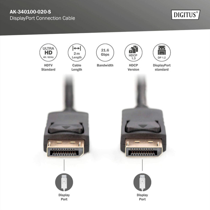 Кабель оптический (AOC) DIGITUS DisplayPort 2м Black (AK-340100-020-S)