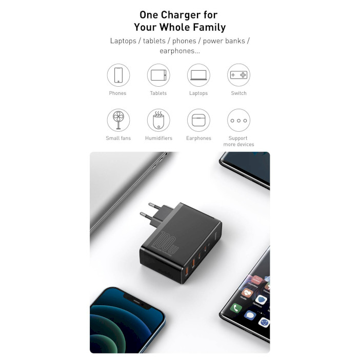 Зарядное устройство BASEUS GaN2 Pro Quick Charger 2C+2U 100W Black w/Type-C to Type-C cable (CCGAN2P-L01)