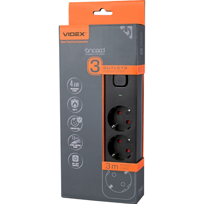 Мережевий фільтр VIDEX Oncord Black, 3 розетки, 3м (VF-PD33G-B)