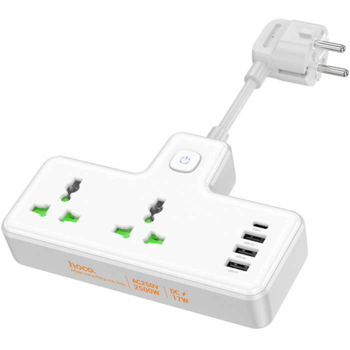 Мережевий розгалужувач HOCO AC11A Voyage White, 2 розетки, 1xUSB-C, 3xUSB