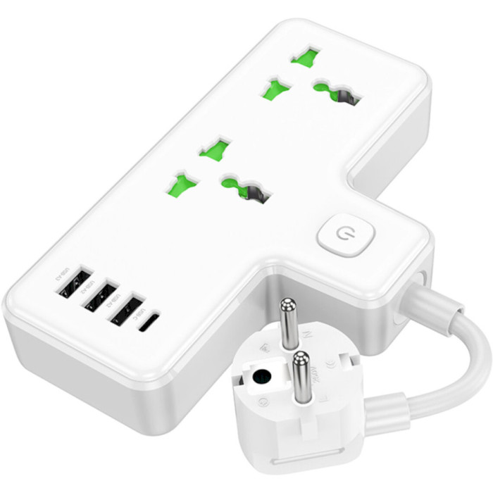 Мережевий розгалужувач HOCO AC11A Voyage White, 2 розетки, 1xUSB-C, 3xUSB