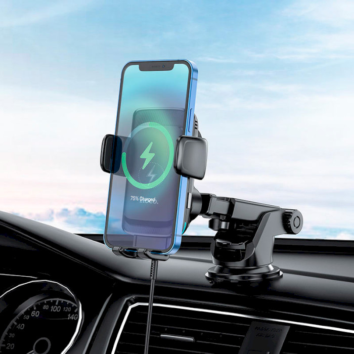 Автотримач з бездротовою зарядкою HOCO S35 Smart Alignment Wireless Charging Car Holder Black