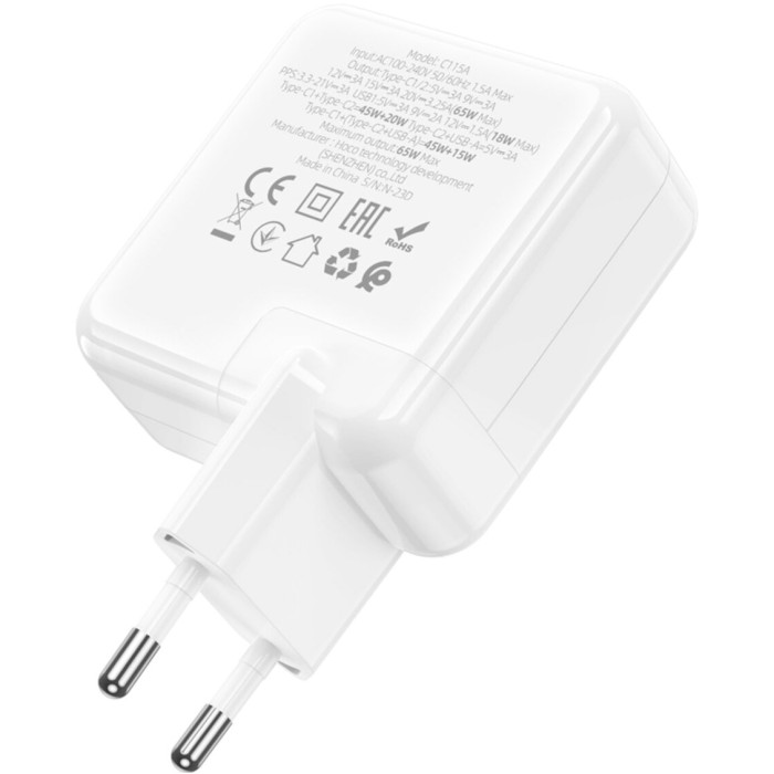 Зарядний пристрій HOCO C115A Header GaN 2xUSB-C, 1xUSB-A, PD65W White (6931474798312)