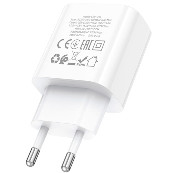 Зарядний пристрій HOCO C76A Pro Majestic 1xUSB-C, PD30W White (6942007616300)