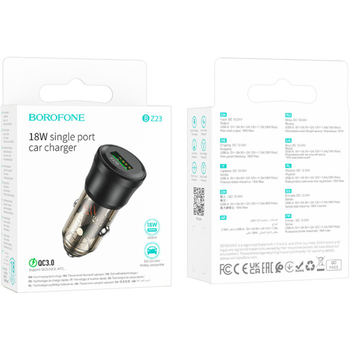 Автомобильное зарядное устройство BOROFONE BZ23 Noble 1xUSB-A, QC3.0 Black