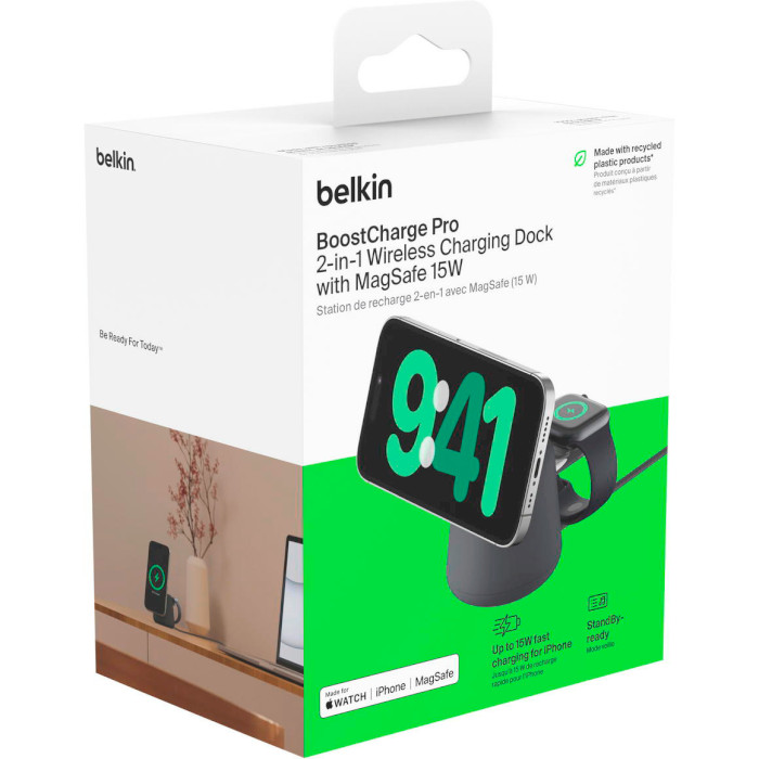 Бездротовий зарядний пристрій BELKIN Boost Up Charge Pro 2-in-1 Wireless Charger Dock with MagSafe 15W Black (WIZ020VFH36)