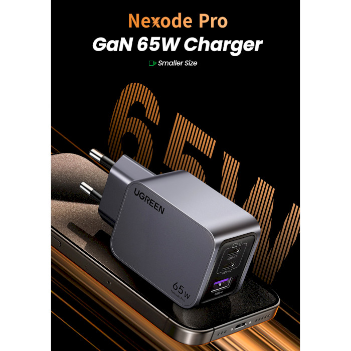 Зарядное устройство UGREEN X755 Nexode Pro 65W 1xUSB-A, 2xUSB-C, PD3.0, QC3.0 GaN Wall Charger Gray (25871)