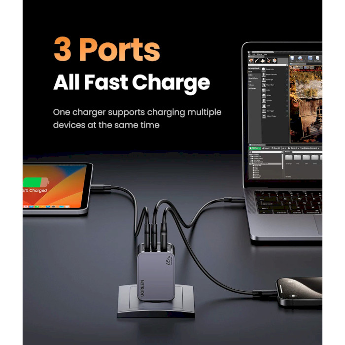 Зарядное устройство UGREEN X755 Nexode Pro 65W 1xUSB-A, 2xUSB-C, PD3.0, QC3.0 GaN Wall Charger Gray (25871)