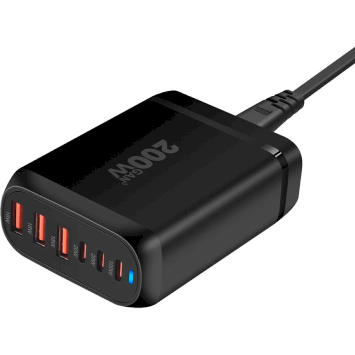 Зарядний пристрій XOKO QC-220 Gan3 3xUSB-A, 3xUSB-C, QC3.0, PD100W Black