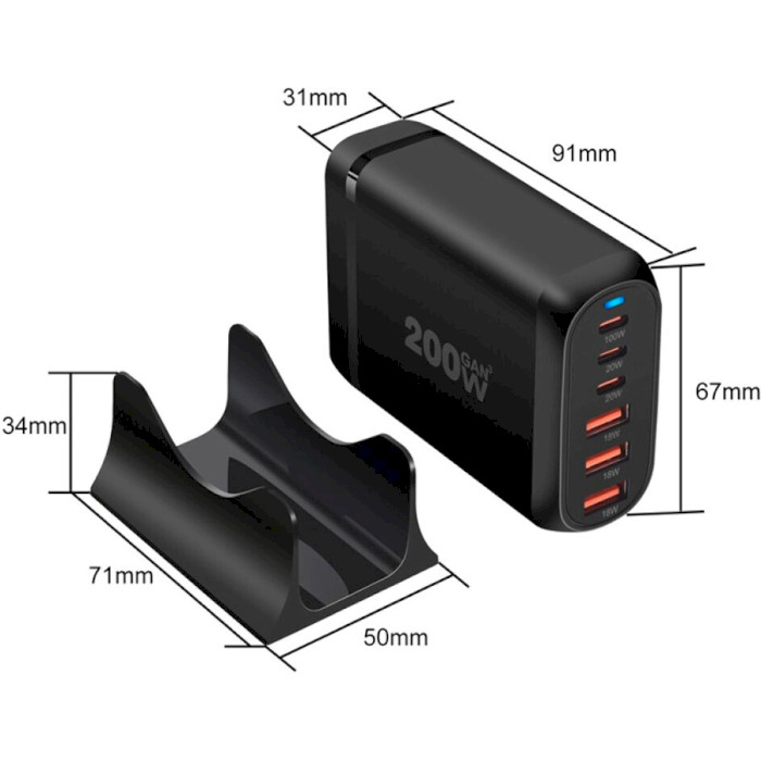 Зарядное устройство XOKO QC-220 Gan3 3xUSB-A, 3xUSB-C, QC3.0, PD100W Black