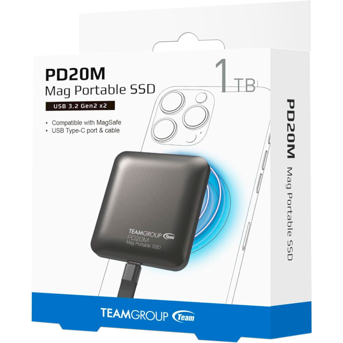 Портативний SSD диск TEAM PD20M Mag 1TB USB3.2 Gen2x2 Titanium Gray (TPSEG2001T0C108)