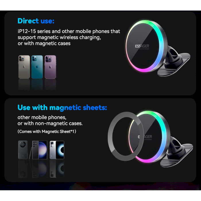 Автотримач з бездротовою зарядкою ESSAGER Neon 15W Magnetic Wireless Charger Car Phone Holder Black