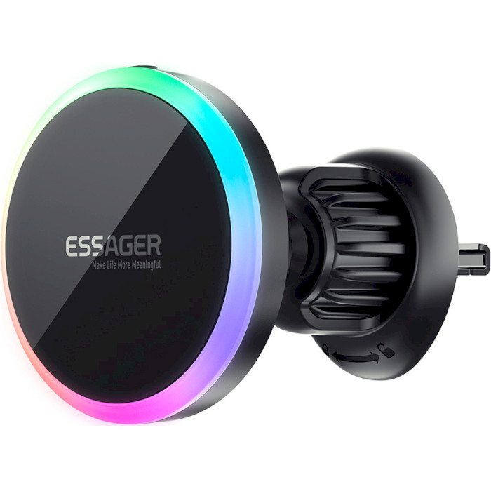 Автодержатель с беспроводной зарядкой ESSAGER Neon 15W Magnetic Wireless Charger Car Phone Holder Black