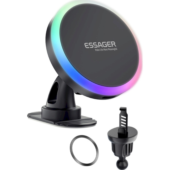 Автодержатель с беспроводной зарядкой ESSAGER Neon 15W Magnetic Wireless Charger Car Phone Holder Black