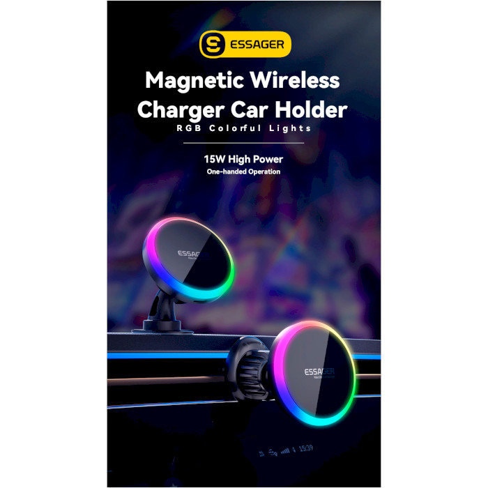 Автотримач з бездротовою зарядкою ESSAGER Neon 15W Magnetic Wireless Charger Car Phone Holder Black