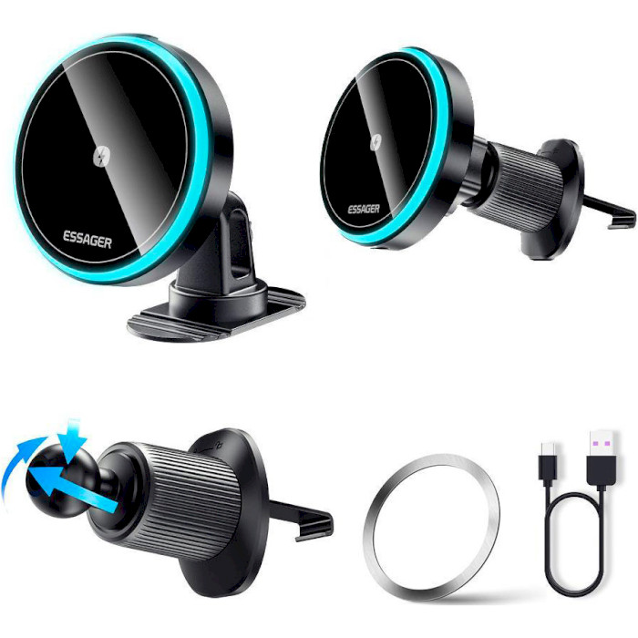 Автодержатель с беспроводной зарядкой ESSAGER Element 15W Magnetic Wireless Charger Car Phone Holder Black