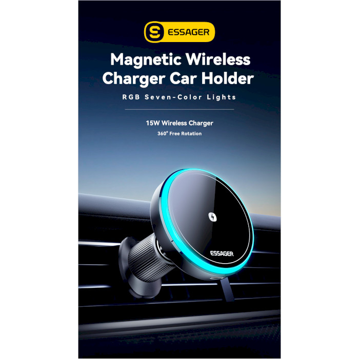 Автодержатель с беспроводной зарядкой ESSAGER Element 15W Magnetic Wireless Charger Car Phone Holder Black