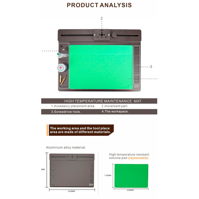 Силіконовий термостійкий килимок для пайки BAKU BA-697 2-in-1 Microscope Maintenance Insulation Pad (250x330x30мм)