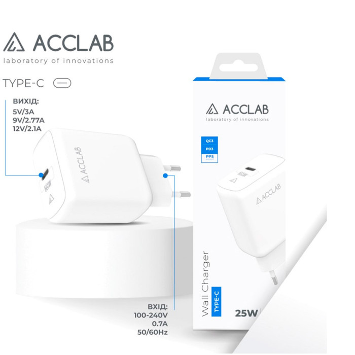 Зарядное устройство ACCLAB AL-TC125 1xUSB-C, QC3.0, PD3.0 Wall Charger White