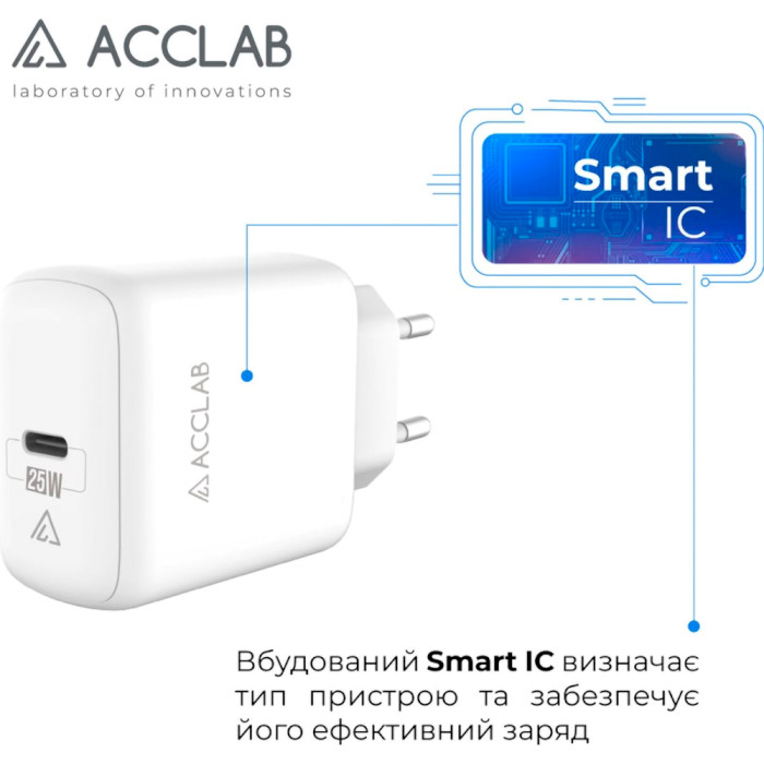 Зарядний пристрій ACCLAB AL-TC125 1xUSB-C, QC3.0, PD3.0 Wall Charger White