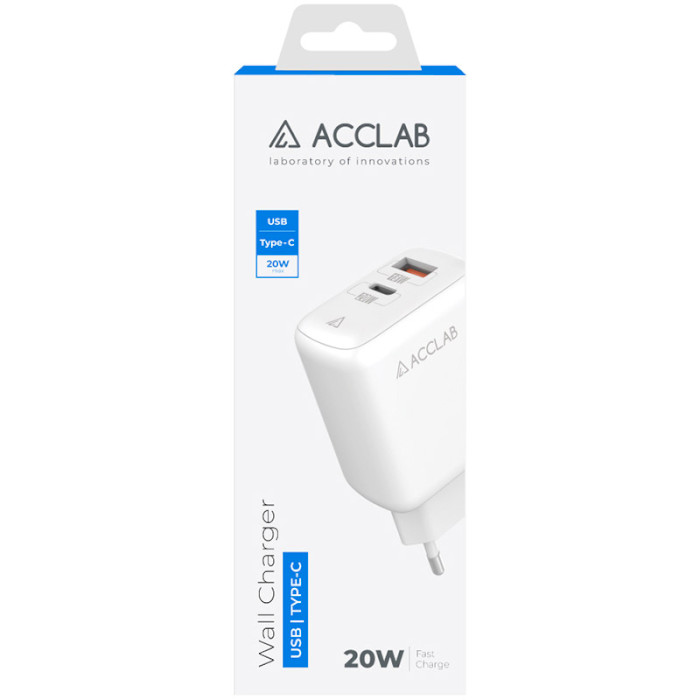 Зарядний пристрій ACCLAB AL-TC220 1xUSB-A, 1xUSB-C, QC3.0, Wall Charger White