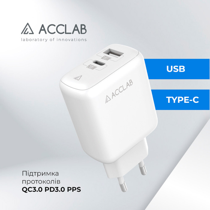 Зарядное устройство ACCLAB AL-TC220 1xUSB-A, 1xUSB-C, QC3.0, Wall Charger White