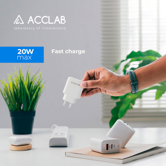 Зарядное устройство ACCLAB AL-TC220 1xUSB-A, 1xUSB-C, QC3.0, Wall Charger White