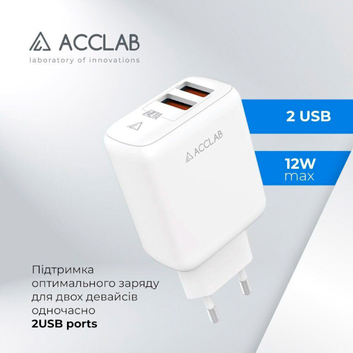 Зарядное устройство ACCLAB AL-TC224 2xUSB-A, 2.4A Wall Charger White