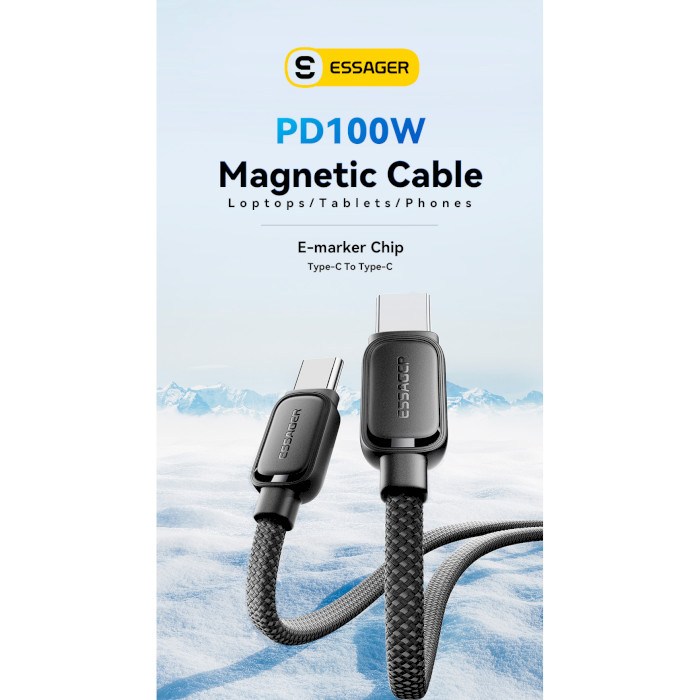 Кабель ESSAGER Jelly Bean 100W Magnetic Data Cable Type-C to Type-C 1м Black (EXCTT1-TD01-P)