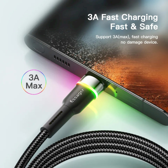 Кабель ESSAGER Colorful LED Fast Charging Cable 3A USB-A to Type-C 3м Black (EXCT-XCDC01)